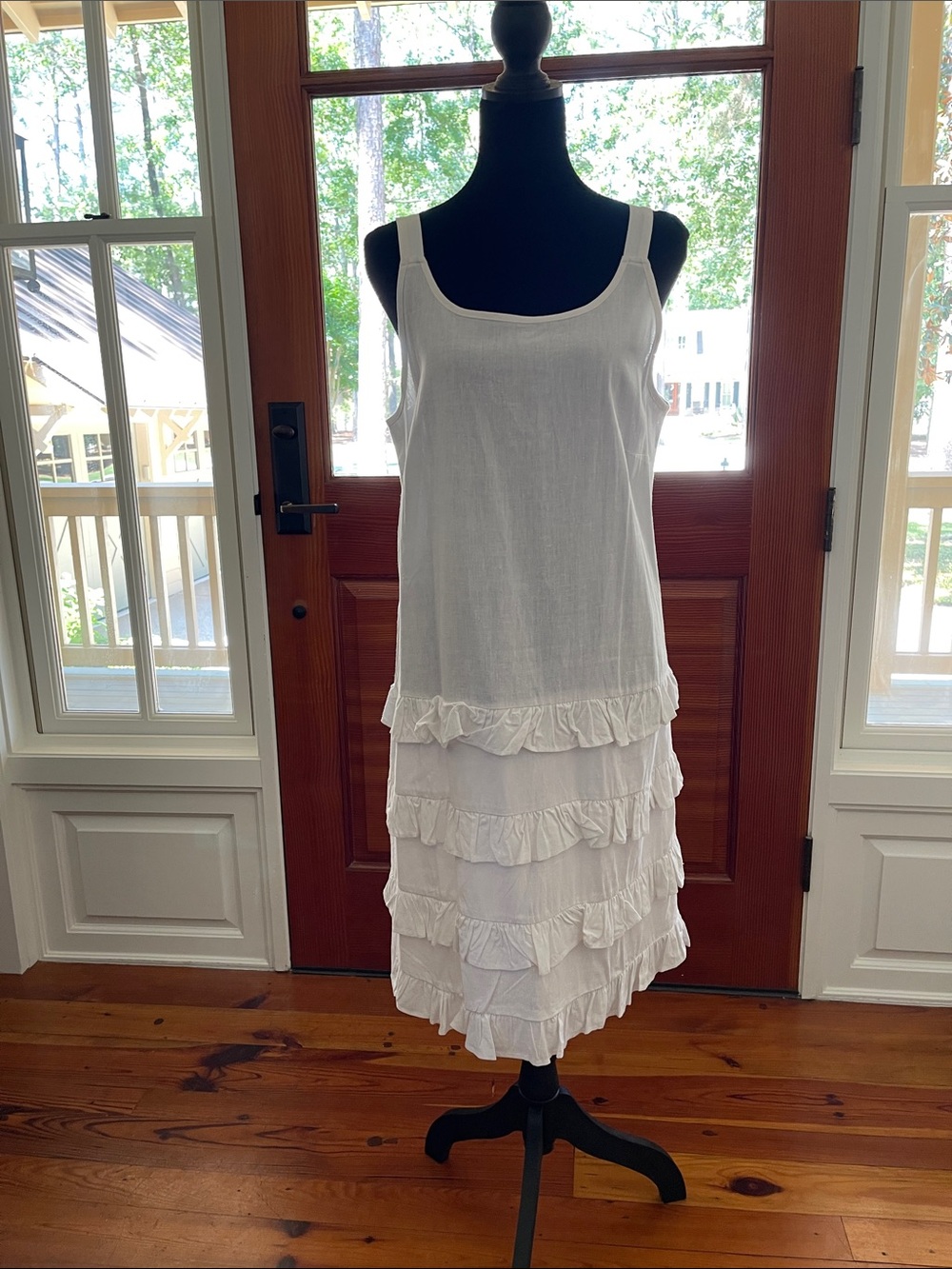 White Ruffle-Tier Linen/Cotton Dress Size M NWT